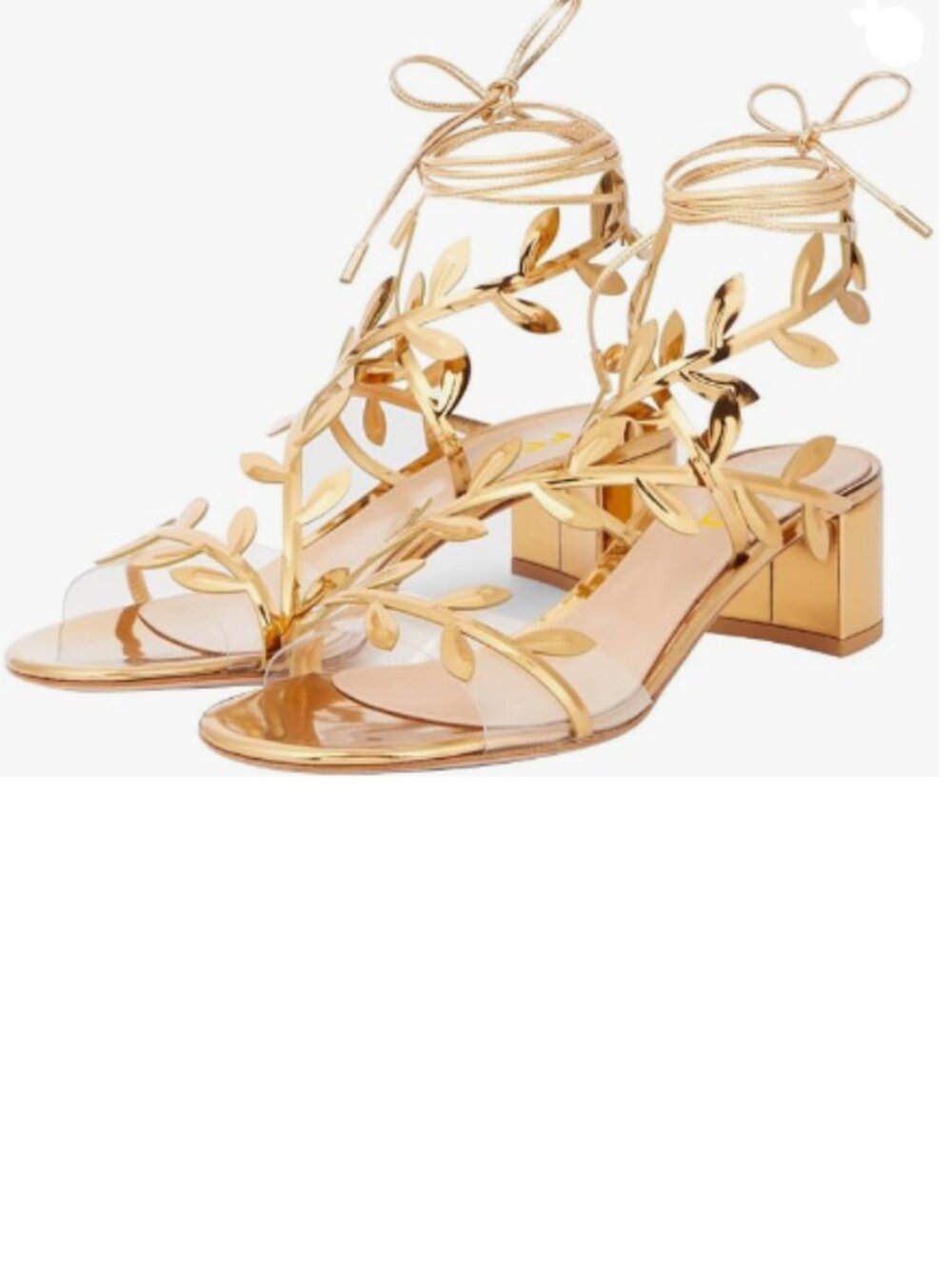 FSJ Gold Open Toe Strappy Clear Strap Metallic Leaf Mid Block Heel Sandals